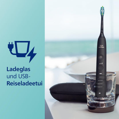 Philips Sonicare DiamondClean 9000 elektrische Zahnbürste, Schallzahnbürste mit App, Drucksensor, 4 Putzmodi, 3 Intensitätsstufen, Ladeglas und USB-Reiseetui, Schwarz, Modell HX9911/09